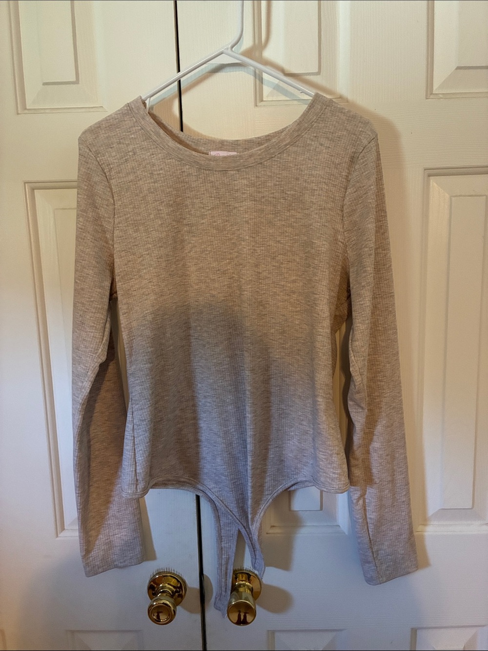Pink Lily Long Sleeve Ribbed Bodysuit in Taupe Heather